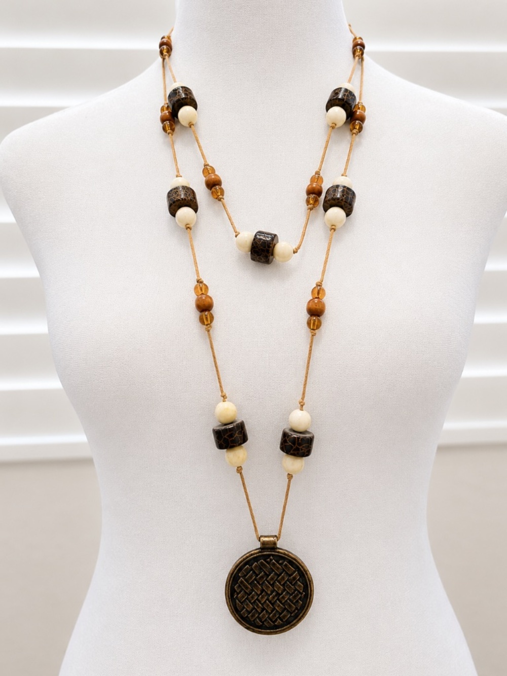 Layered Beaded Necklace w/ Bronze Medallion Pendant
